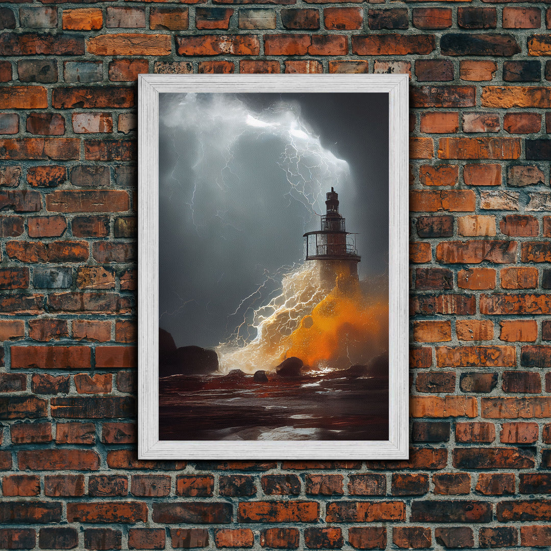 Lighthouse Oil Painting Canvas Print, Light house landscape print, Lighthouse in a storm with lightning and thunder, waves crashing