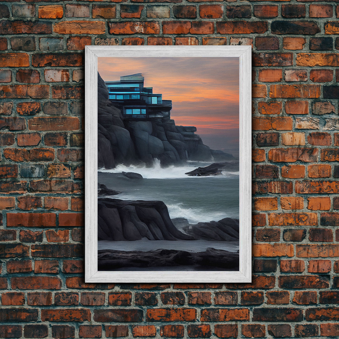 Midcentury modern house on a cliff, seaside home wall art, canvas print