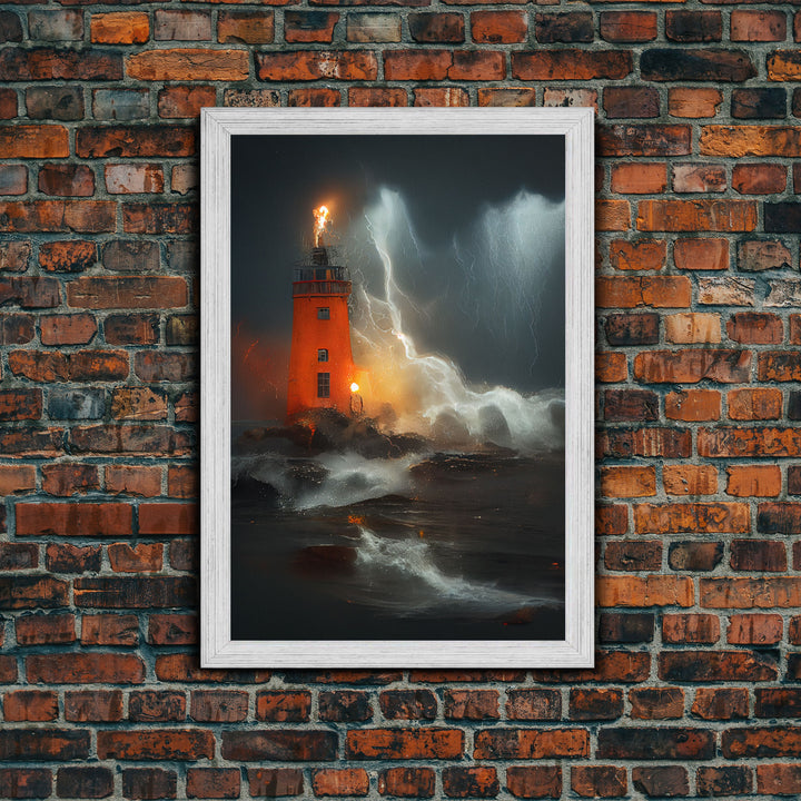 Lighthouse Oil Painting Canvas Print, Light house in a hurricane, dark stormy night, waves crashing