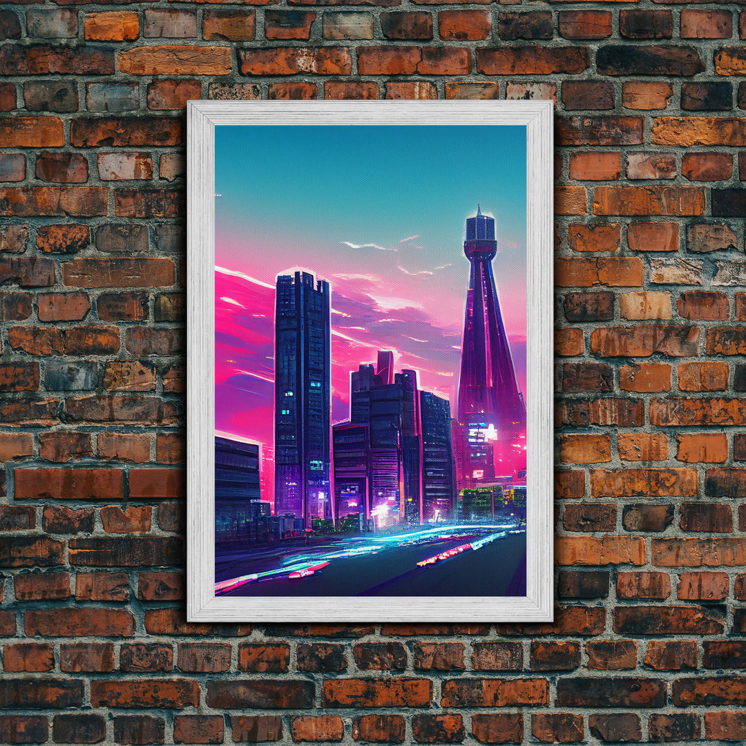 Vaporwave aesthetic wall art, cyberpunk city poster art, cool living room art, synthwave wall art, retro 80s style cyberpunk fine art print