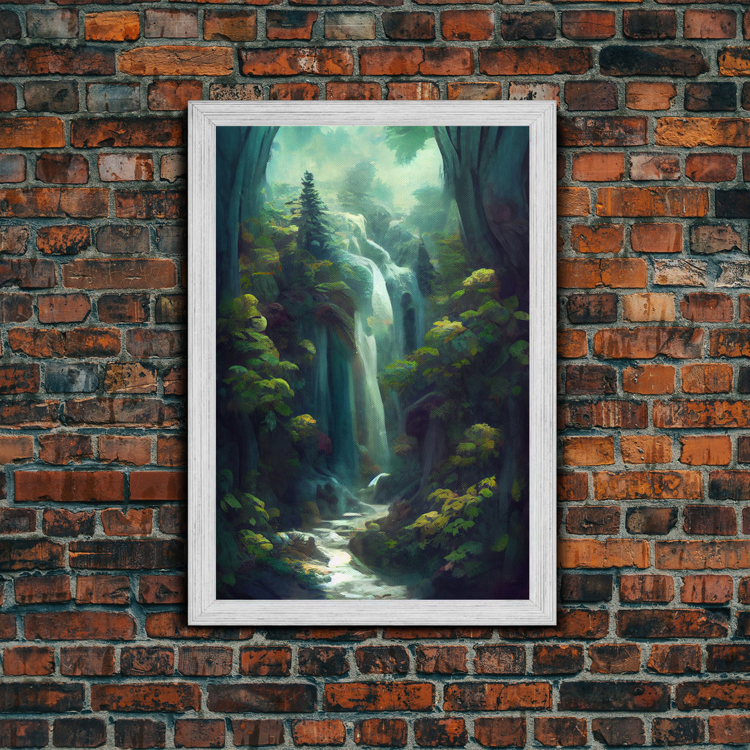 Waterfall canvas print, fantasy wall art, watercolor print, high fantasy, nature landscape living room wall art