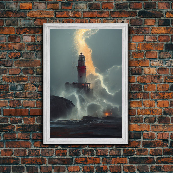 Lighthouse Oil Painting Canvas Print, Lightning striking a lighthouse during a dark stormy night, gloomy wall art