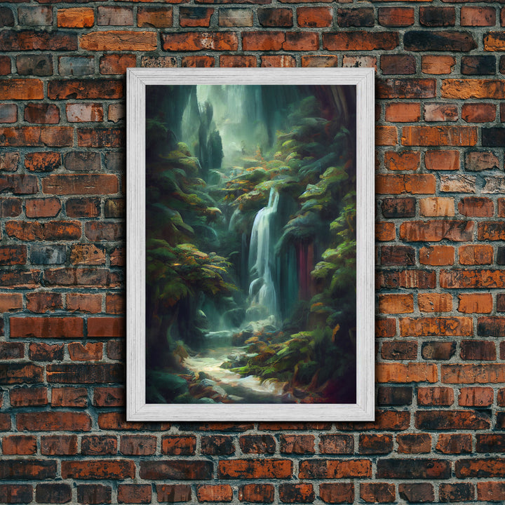 Waterfall in the forest canvas print, fantasy wall art, watercolor print, high fantasy, nature landscape living room wall art