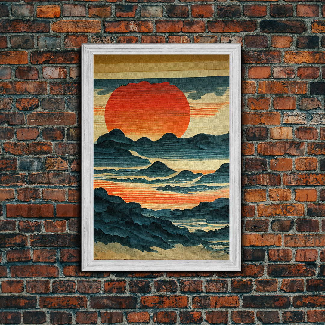 Hokusai style wall art, sunrise over the mountains, canvas print, woodblock print style art, Japanese style wall art