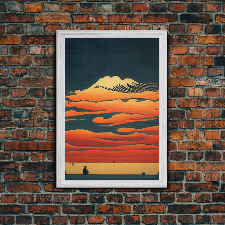 Retro Japanese style wall art, sunrise over the mountains, canvas print, woodblock print style art, Hokusai vintage style wall art