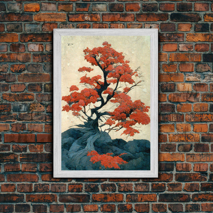 Japanese maple tree canvas print, vintage style wall art, woodblock print style wall art