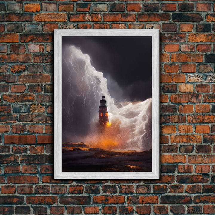 Lightning striking a burning lighthouse, canvas print, oil painting style, dark and gloomy wall art