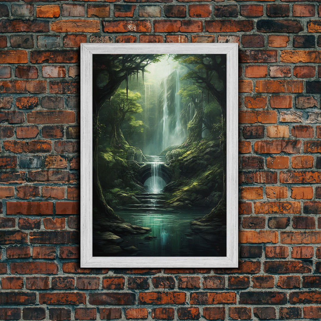 Enchanter Forest, Waterfalls Wall Art, Fantasy Artwork, Canvas Print, Wall Art, Vertical Print, Video Game Art, College Dorm Decor