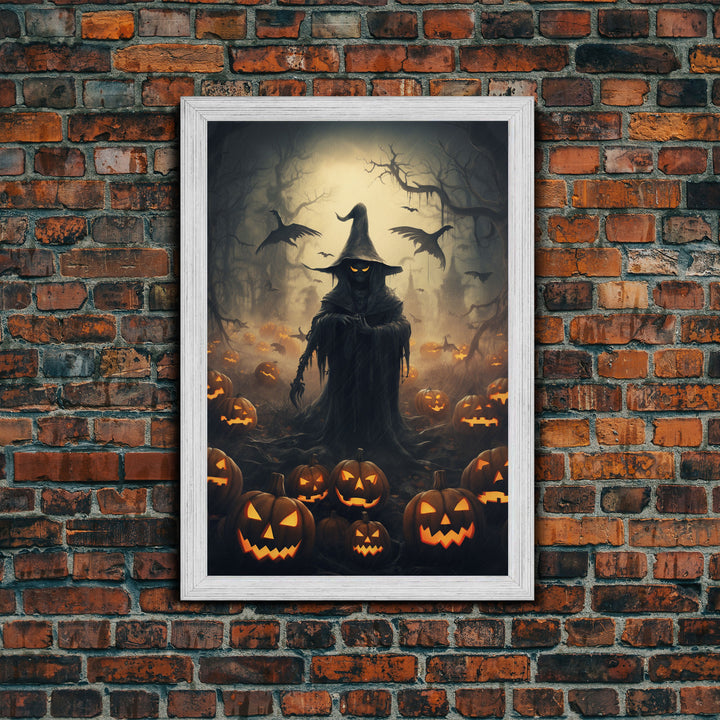 The Scarecrow and the Jack O Lantern Field, Framed Canvas Print, Halloween Canvas, Spooky Decor, Cottagecore Spooky Art