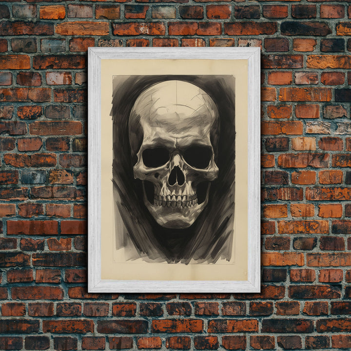 The Death Mask, Charcoal Sketch, Framed Canvas Print, Halloween Decor, Halloween Wall Art, Skull Portrait, Oddities, Witchy Decor