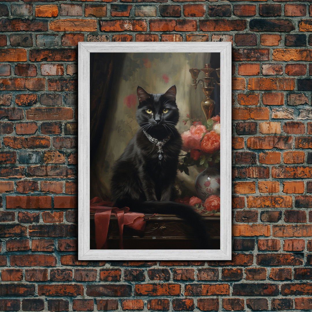 The Witch's Familiar, Black Cat Art, Halloween Retro Canvas / Canvas Print, Goth Wall Art, Goth Portrait Art, Goth Art 5x7