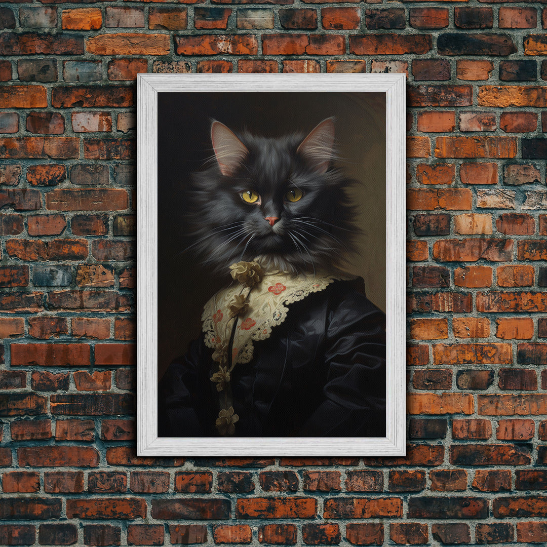 Victorian Cat Portrait, Funny Halloween Decor, Cute Cat Halloween Art, Framed Canvas Print