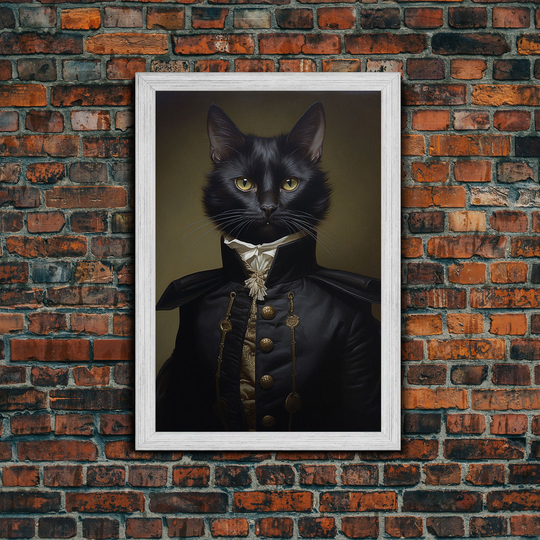 Admiral Meow Reporting For Duty, Victorian Cat Portrait Art, Framed Canvas Print, Gothic Dark Academia Wall Art