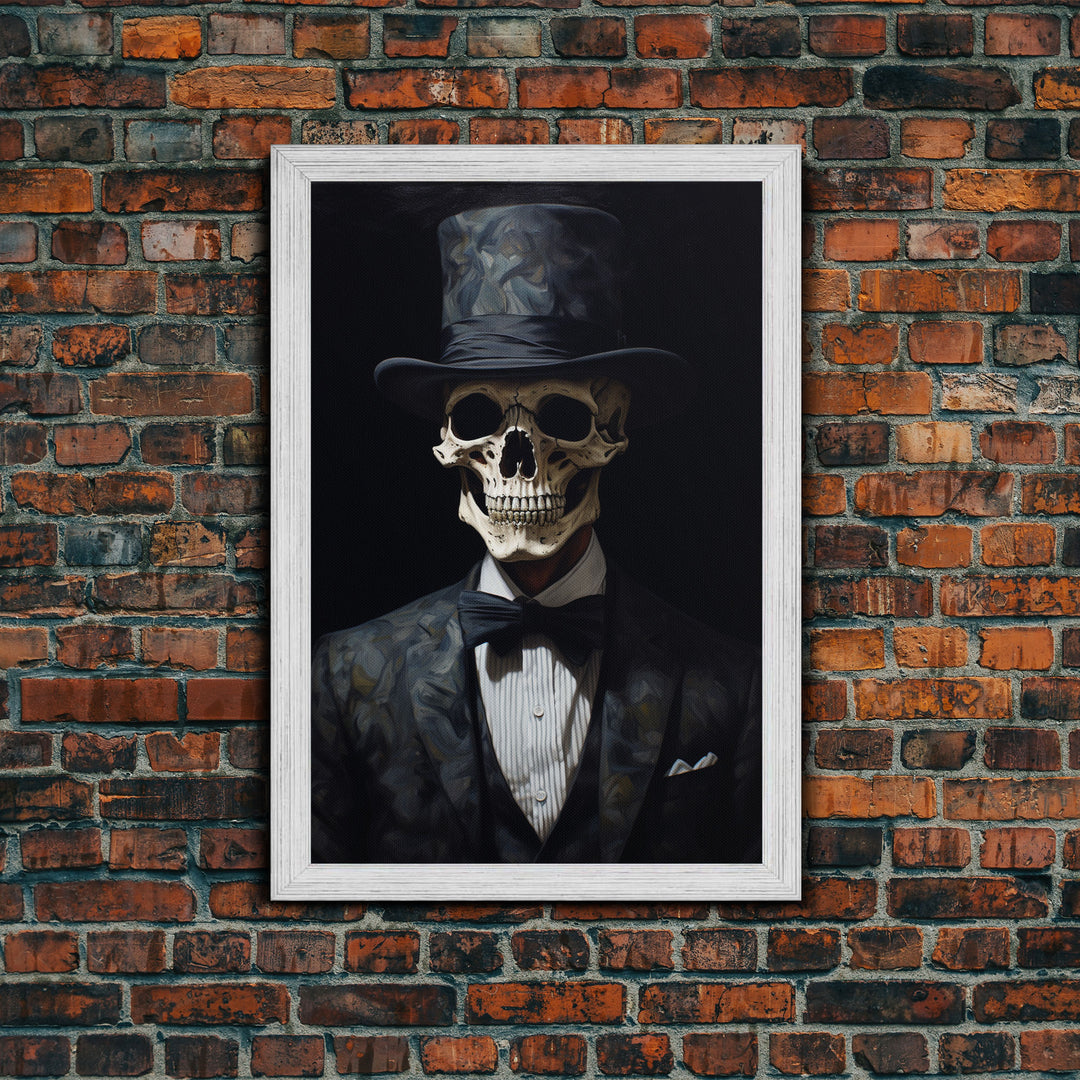 Skeleton In A Bowler Hat, Renaissance Skeleton, Framed Canvas Print, Gothic Halloween Decor, 1920s Style Art Deco Horror Art