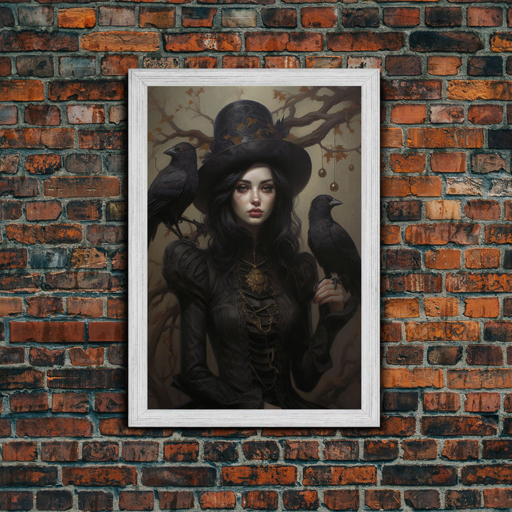 The Witch and Her Ravens, Framed Canvas, Oil Painting Print, Halloween Decor, Gothic Art, Dark Academia, Witchcraft Halloween Art