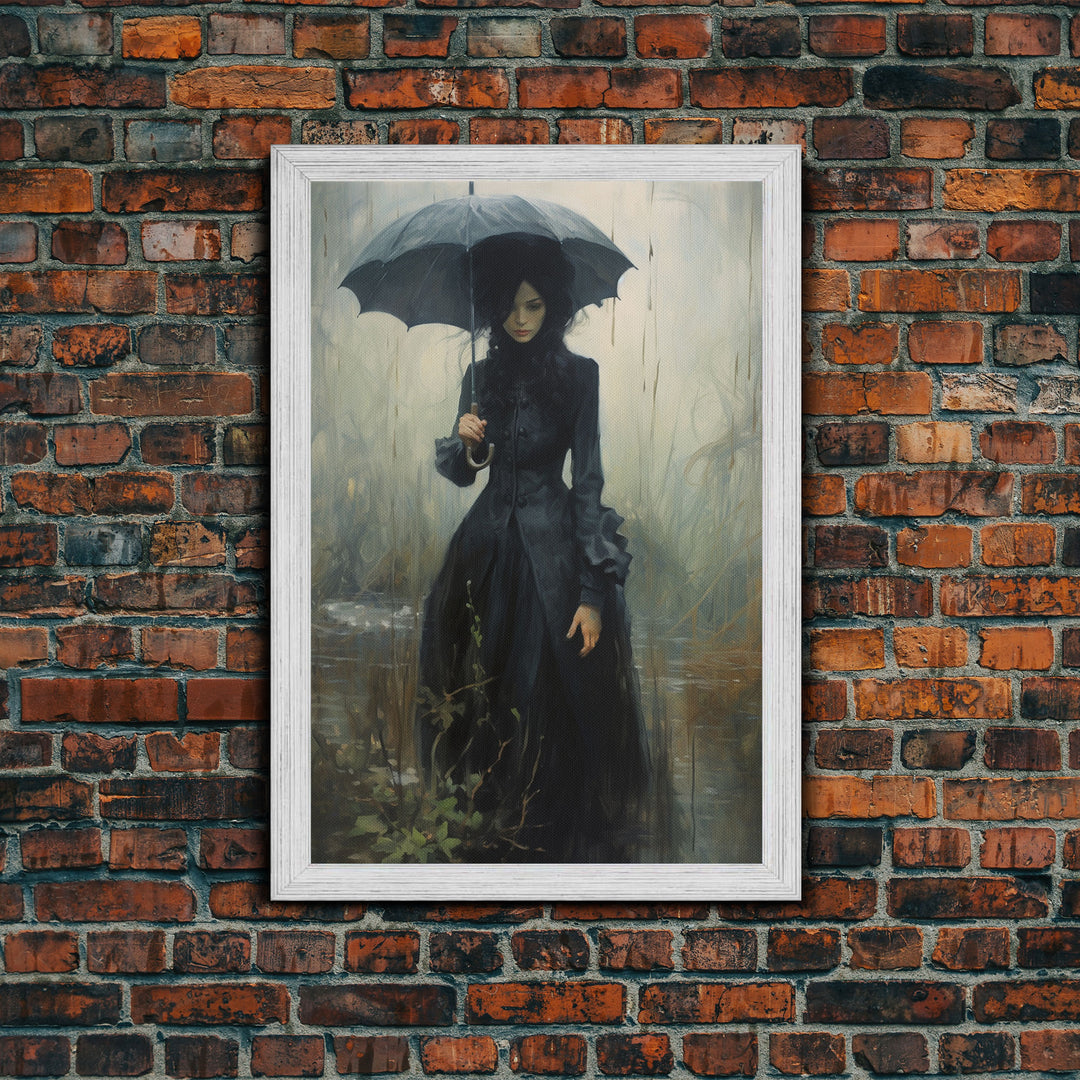 Victorian Witch In The Rain, Halloween Decor, Framed Canvas Print, Halloween Poster Art, Victorian Oil Painting, Goth Decor