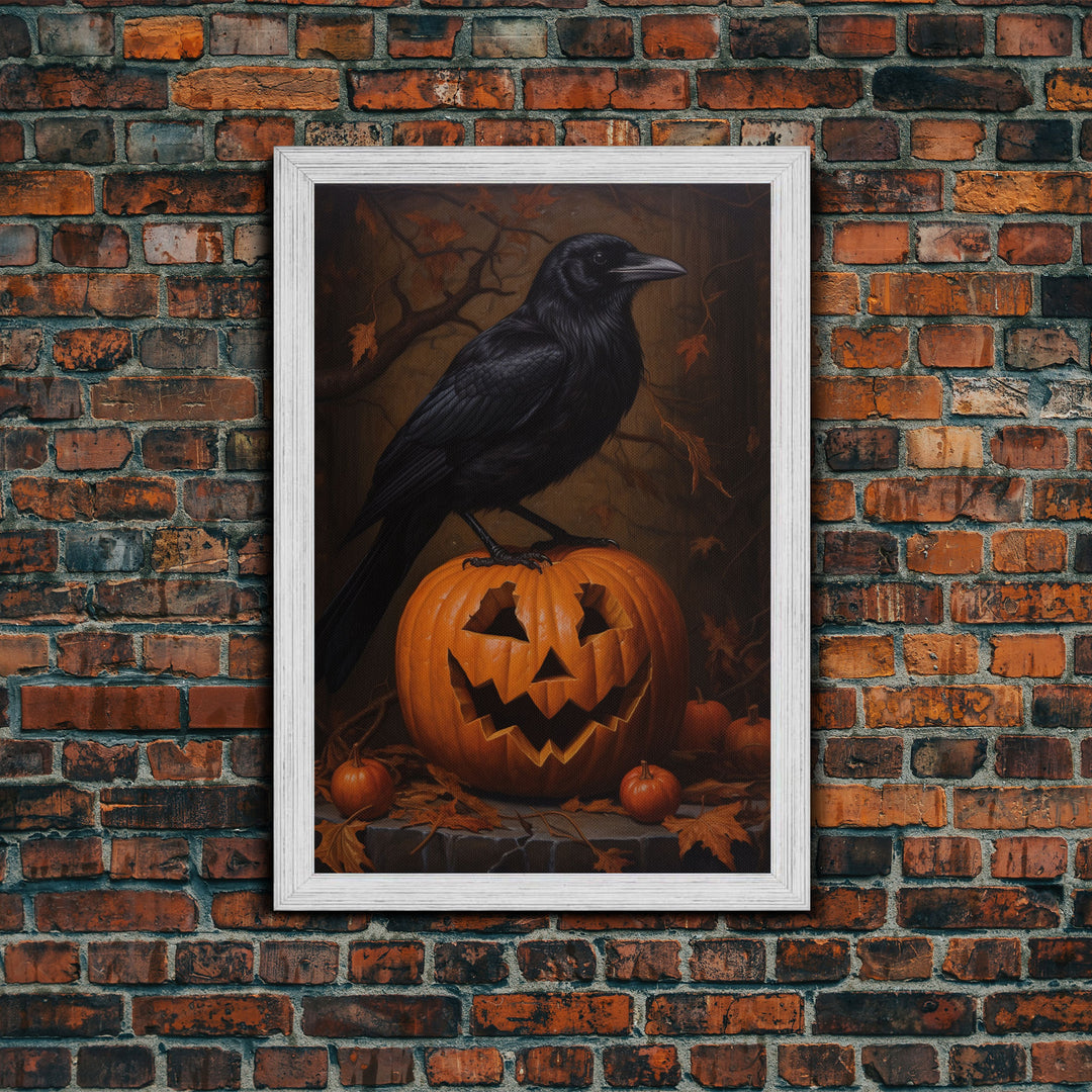 Crow Atop A Jack O Lantern, Framed Canvas Print, Halloween Decor, Raven Painting, Victorian Oil Painting Print, Macabre Horror Print