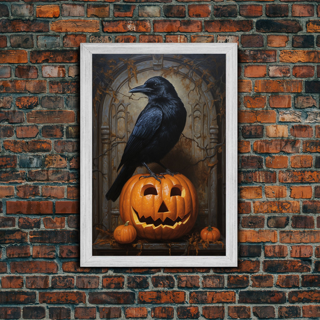 Macabre Crow Atop A Jack O Lantern, Framed Canvas Print, Halloween Decor, Raven Painting, Victorian Oil Painting Print, Macabre Horror Print