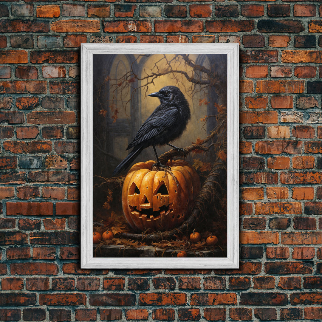 Raven Atop A Jack O Lantern, Framed Canvas Print, Halloween Decor, Raven Painting, Victorian Oil Painting Print, Macabre Horror, Witch Art