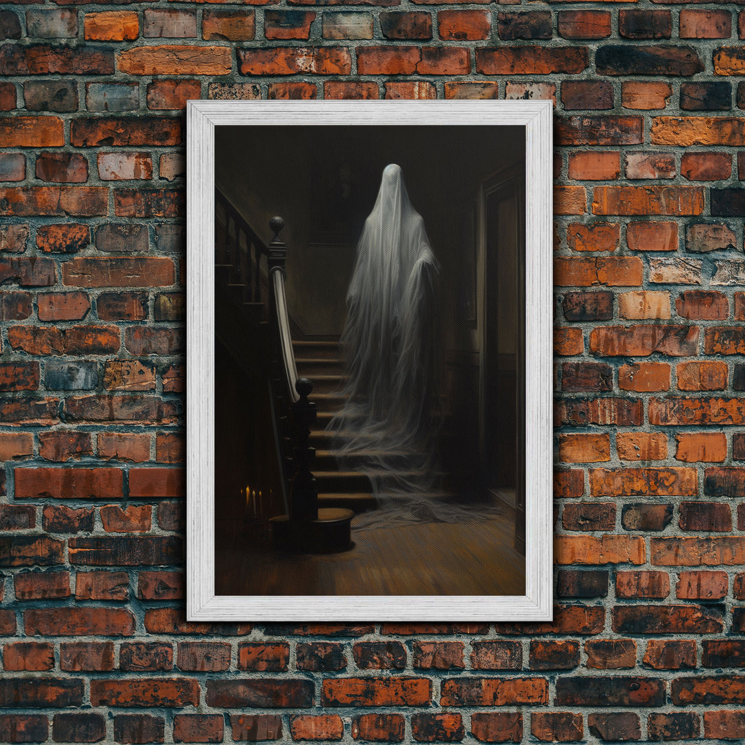 The Ghost On The Stairs, Macabre Halloween Decor, Halloween Poster / Canvas Print, Framed Wall Art, Dark Academia Goth Art