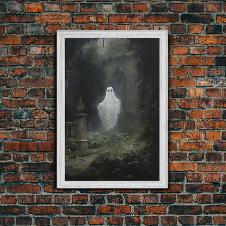 The Ghost In The Garden, Halloween Canvas Print, Framed Canvas Art, Halloween Decor, Dark Academia, Horror Prints, Oil Painting