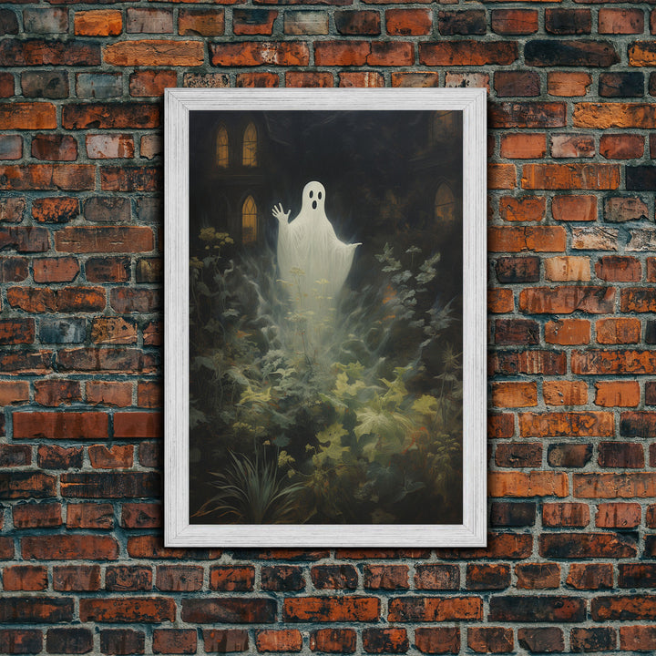 The Waving Ghost In The Garden, Halloween Canvas Print, Framed Canvas Art, Halloween Decor, Dark Academia, Horror Prints, Oil Painting