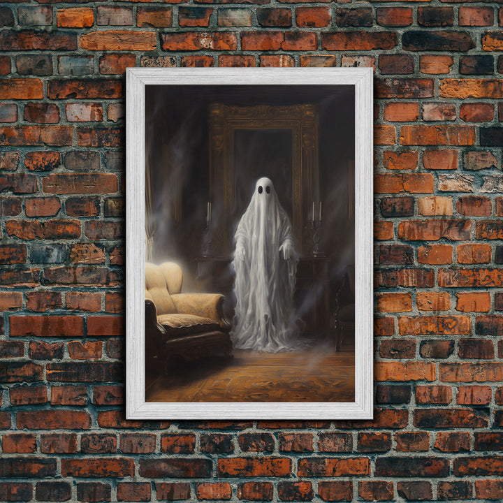 The Ghost In The Mirror, Ghost Print, Framed Canvas, Halloween Canvas Print, Horror Print, Macabre Dark Academia Wall Art