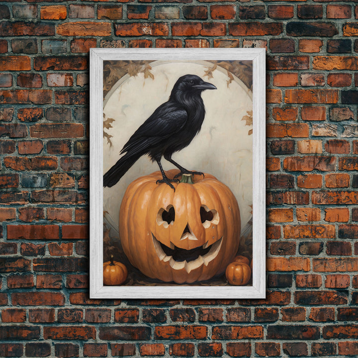 Vintage Halloween Crow Print, Raven On A Jack O Lantern Oil Painting Framed Canvas Print, Retro Halloween Wall Art, Macabre Art