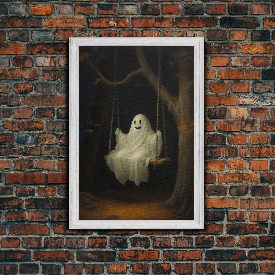 The Happy Playground Ghost, Funny Halloween, Vintage Halloween Canvas, Framed Canvas Print, Cute Wall Art, Ghost On A Swing, Macabre Art