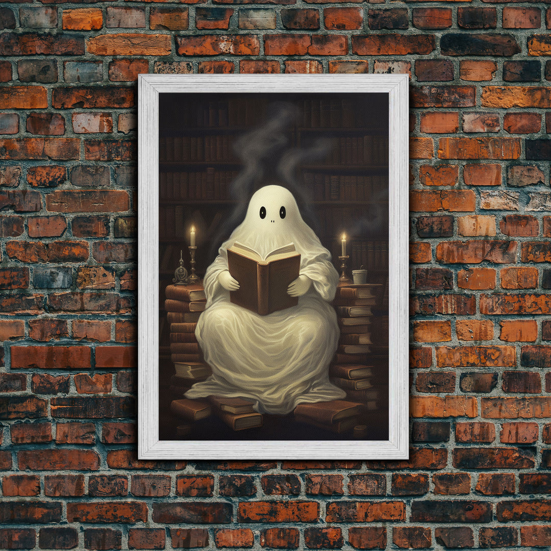 The Reading Ghost, Victorian Halloween Art, Funny Halloween, Framed Canvas, Halloween Canvas Art, Macabre Goth Art