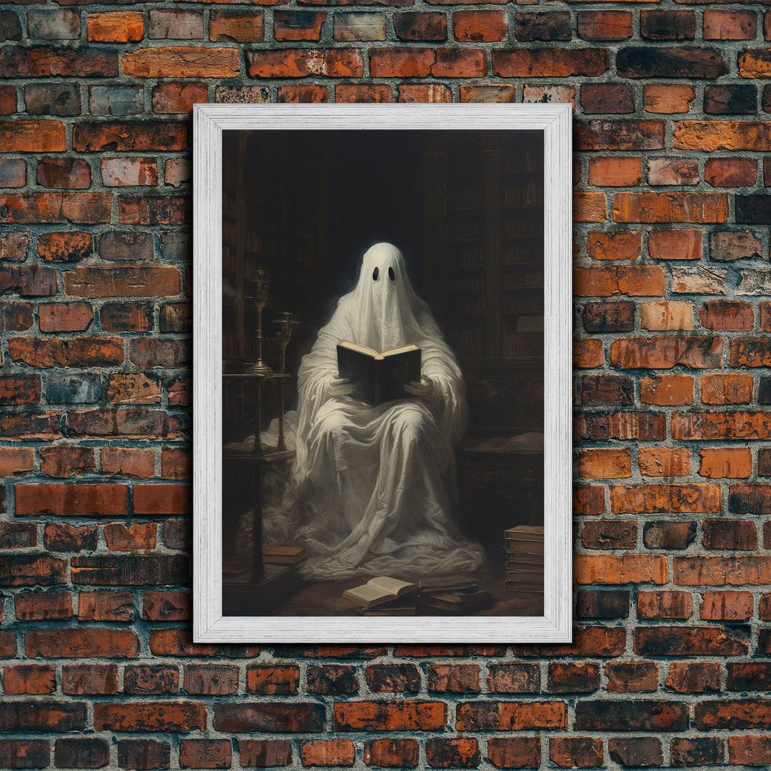 The Reading Ghost, Victorian Halloween Art, Funny Halloween, Framed Canvas, Halloween Canvas Art, Macabre Goth Art