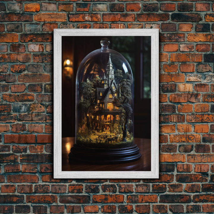 Halloween Snowglobe Art, Framed Canvas Print, Haunted Victorian Mansion In A Bubble, Tiny Worlds, Mini Worlds Art, Vintage Halloween Art