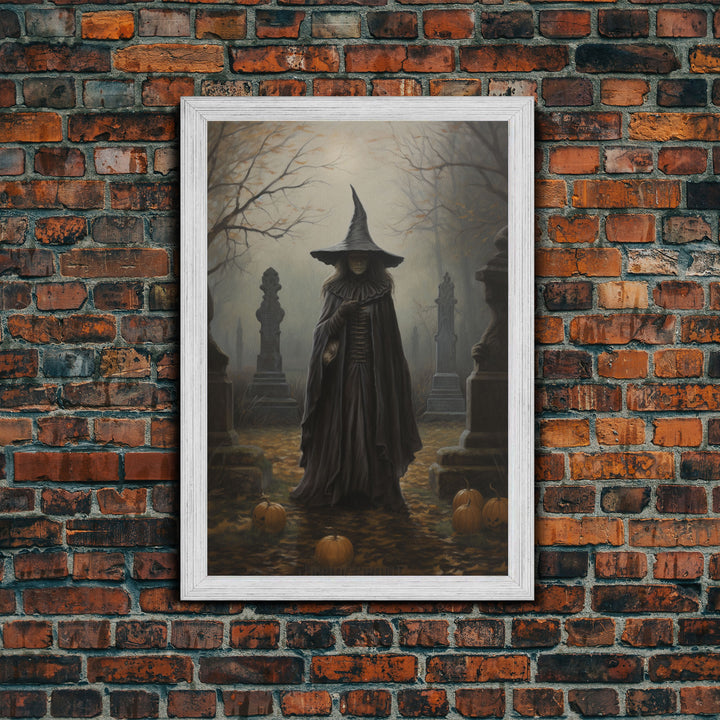 The Witch In The Cemetary, Vintage Halloween Witch Art, Halloween Canvas Printed / Framed Canvas, Witchy Decor, Witchcraft, Dark Academia