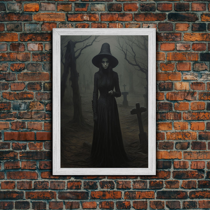 The Witch In The Cemetary, Vintage Halloween Witch Art, Halloween Canvas Printed / Framed Canvas, Witchy Decor, Witchcraft, Dark Academia