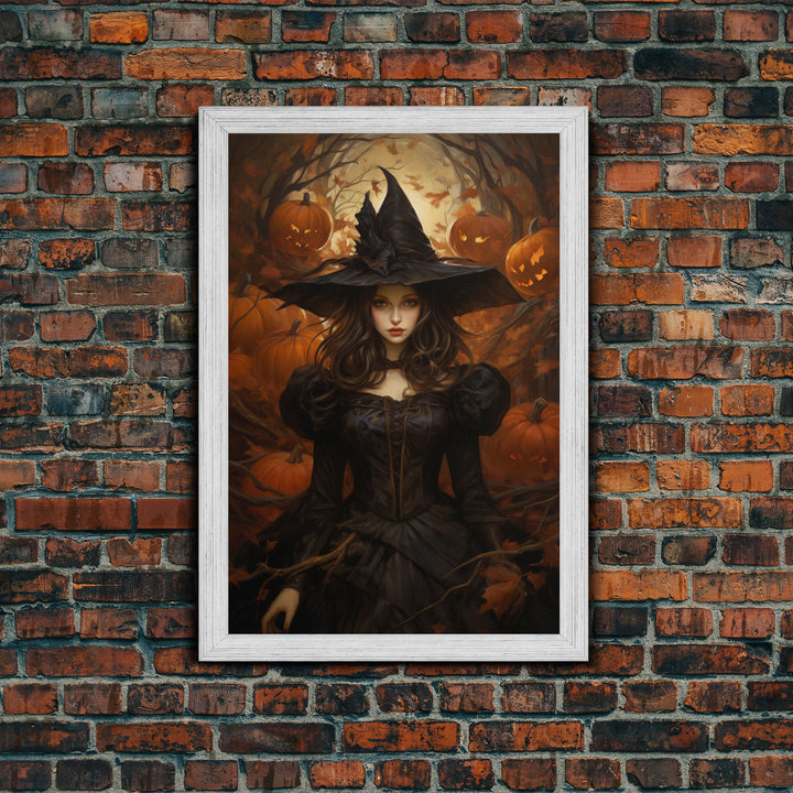 Beautiful Gothic Witch Art, Framed Halloween Canvas, Canvas Print, Spooky Halloween Wall Art, Halloween Deco, Witchy Art Pumpkin Patch Witch