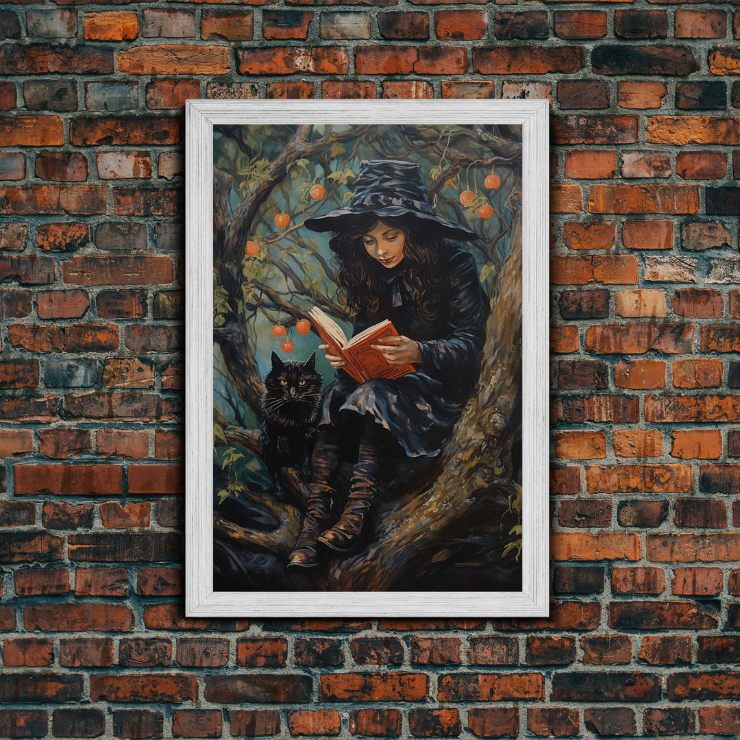 Cute Witch Reading Spells To Her Black Cat Familiar, Vintage Halloween Art, Framed Canvas Print, Halloween Canvas Art, Witchcraft