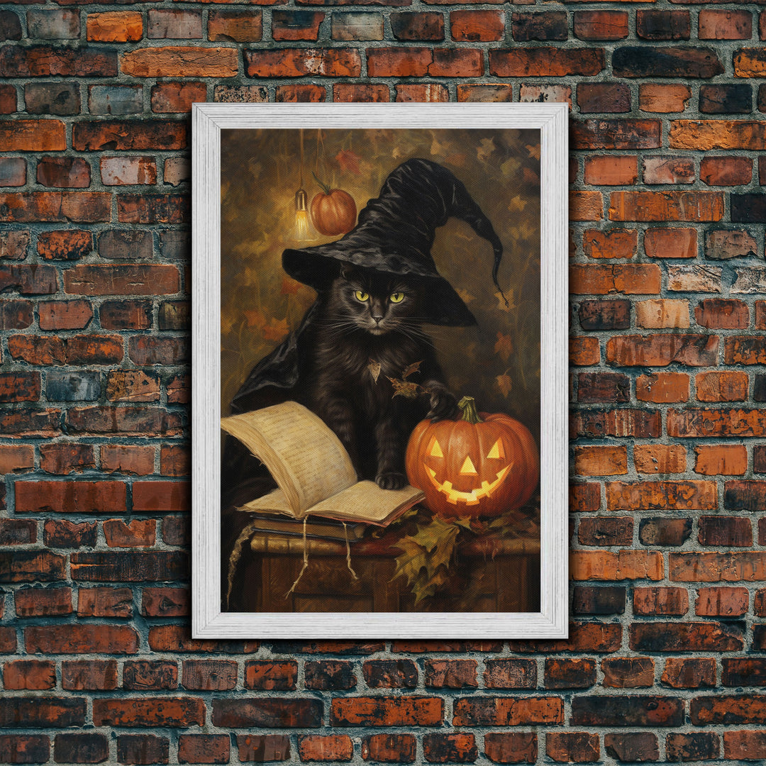 Cute Witch Cat Reading Her Book Of Spells, Vintage Halloween Art, Framed Canvas Print, Halloween Canvas Art, Witchcraft