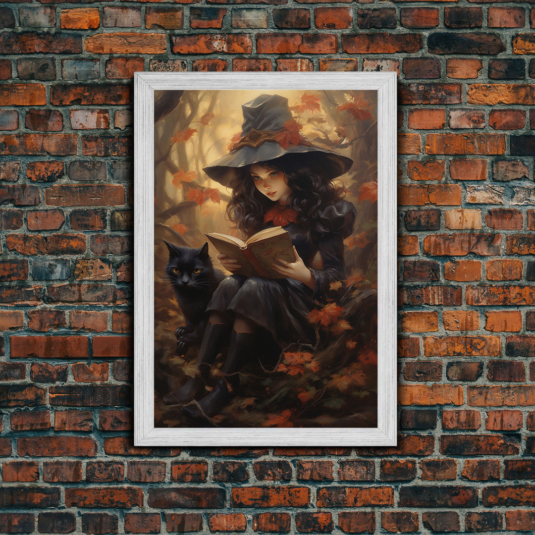 Cute Little Witch Reading Spells To Her Black Cat Familiar, Vintage Halloween Art, Framed Canvas Print, Halloween Canvas Art, Witchcraft