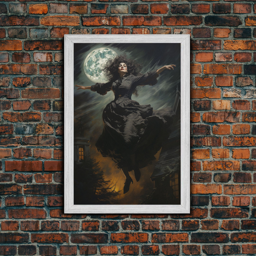 The Wicked Witch, Halloween Canvas, Framed Canvas Print, Spooky Gothic Oil Painting, Witch Flying Through The Air Against A Full Moon, Witch