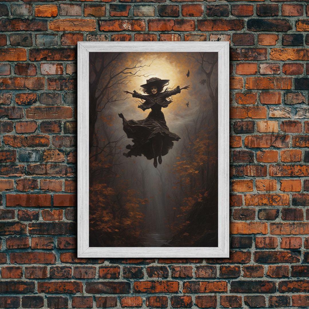 The Wicked Witch, Halloween Canvas, Framed Canvas Print, Spooky Gothic Oil Painting, Witch Flying Through The Air Against A Full Moon, Witch