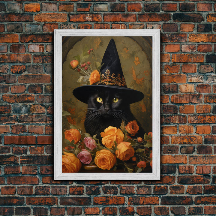 Cute Witch's Familiar Cat Halloween Art, Cat Witch, Cat Painting, Cute Cat Print, Halloween Decor, Black Cat Print, Framed Canvas / Canvas