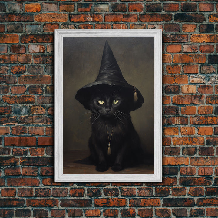 Cute Witch's Familiar Cat Halloween Art, Cat Witch, Cat Painting, Cute Cat Print, Halloween Decor, Black Cat Print, Framed Canvas / Canvas