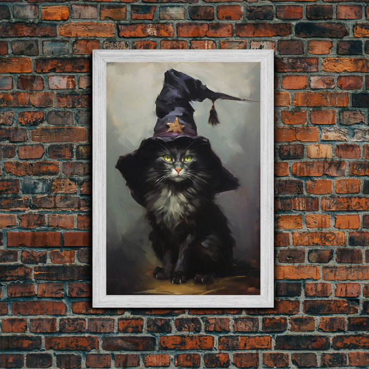 The Wizard Cat, Framed Canvas Print, Dark Academia Halloween Art, Victorian Cat Oil Painting, Goth Halloween Decor