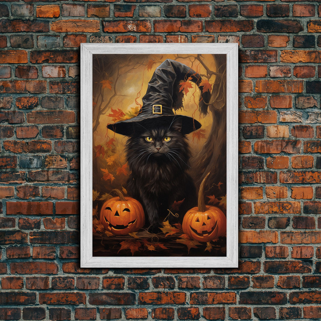 The Witch Cat With Her Jack O Lanterns, Framed Canvas Print, Dark Academia Halloween Art, Victorian Cat Oil Painting, Goth Halloween Decor