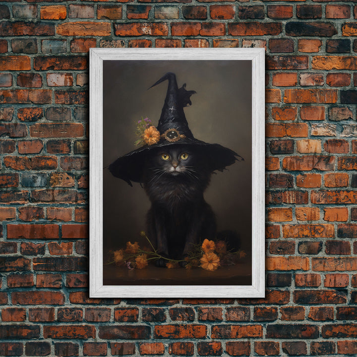 The Witch Cat With A Flower In Her Cap, Framed Canvas Print, Dark Academia Halloween Art, Victorian Cat Oil Painting, Goth Halloween Decor