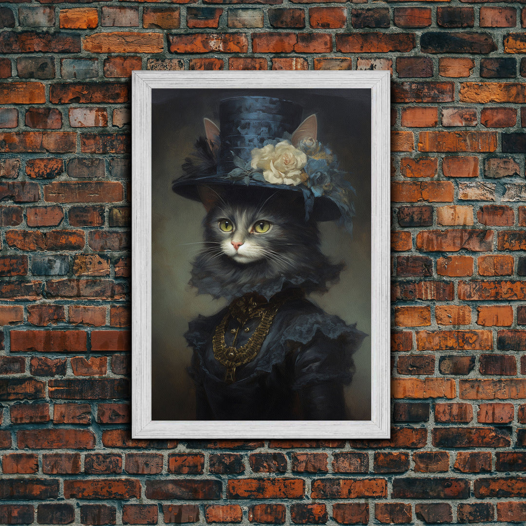 Victorian Cat Portrait, Framed Canvas Print, Oil Painting, Halloween Decor, Cute Halloween Wall Art, Funny Halloween Decor