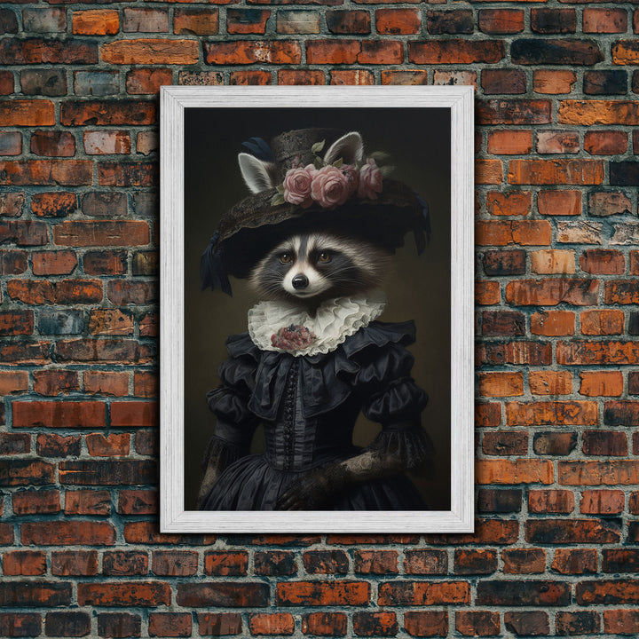 Fancy Victorian Lady Racoon, Framed Canvas Print Or Canvas, Victorian Animal Print Oil Painting, Funny Halloween Decor