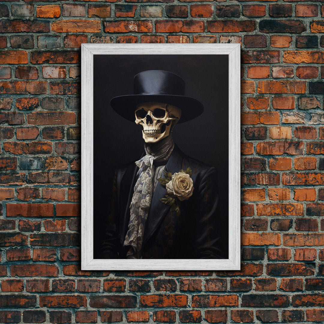 The Dapper Skeleton, Spooky Halloween Wall Art, Canvas Print, Framed Halloween Canvas Print, Dark Academia, Goth Art