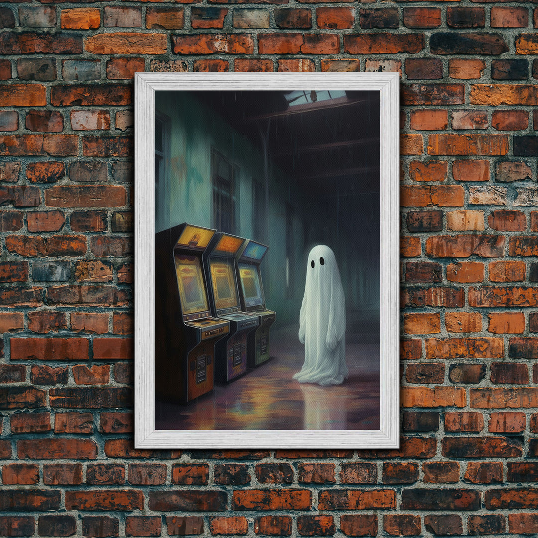 Ghost in an Abandoned Arcade, Nostalgia Canvas, Art Canvas Print, Dark Academia, Gothic Retro, Game Room Art, Halloween Decoration