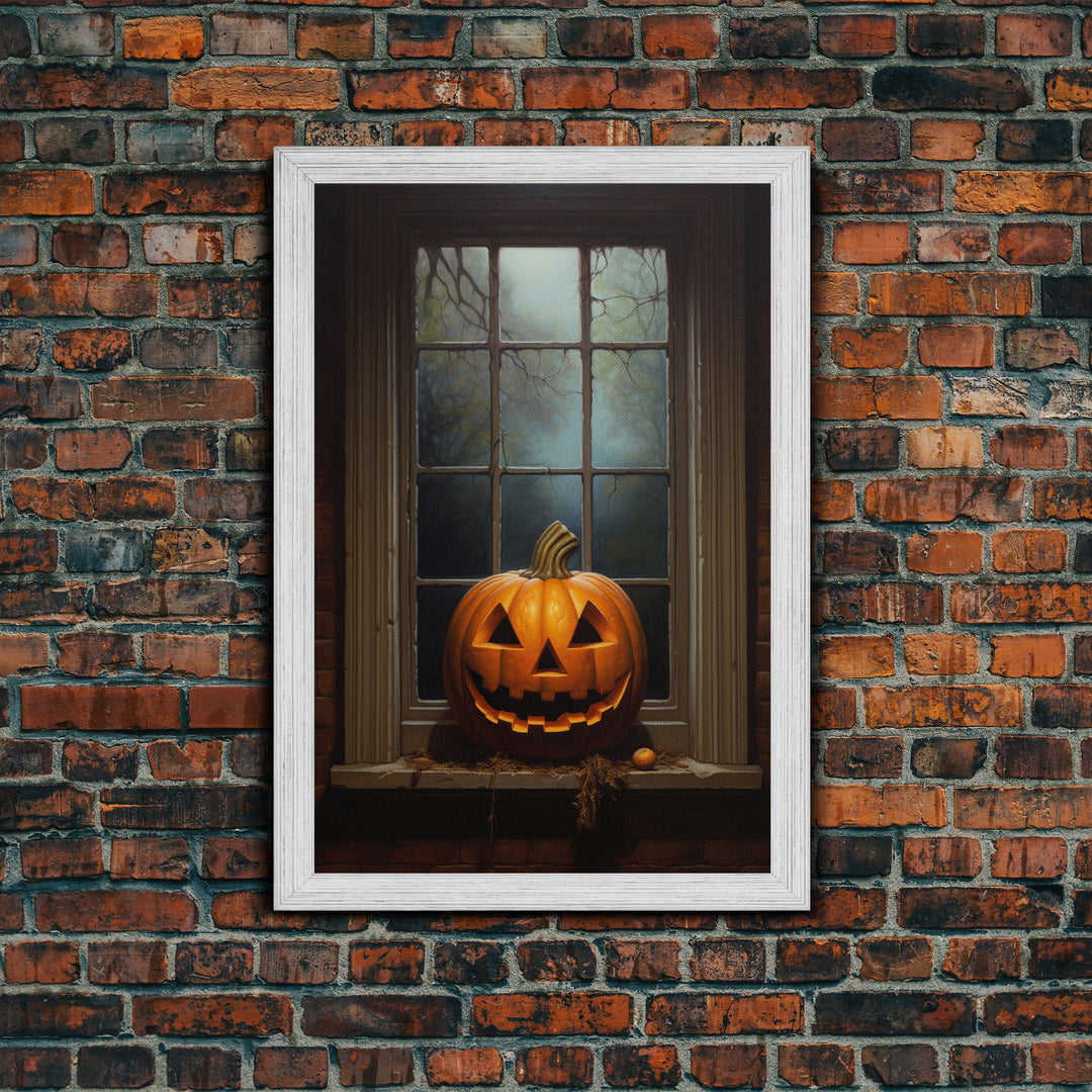 Spooky Jack O' Lantern In A Window Sill, Framed Canvas Print, Halloween Canvas, Halloween Art, Dark Academia, Art Canvas Print